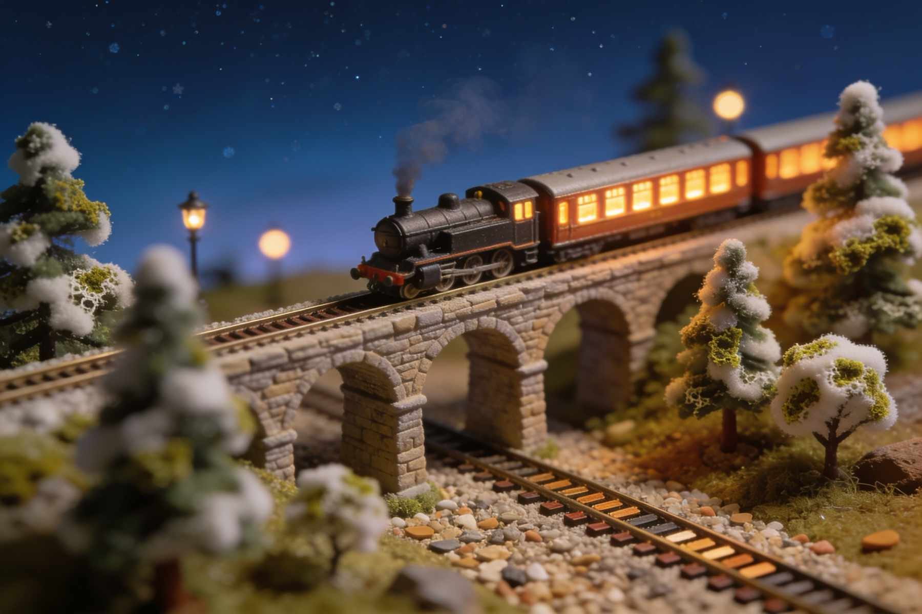 A small steam train with warmly lit coaches crossing a viaduct under a starry blue sky, lamps glowing