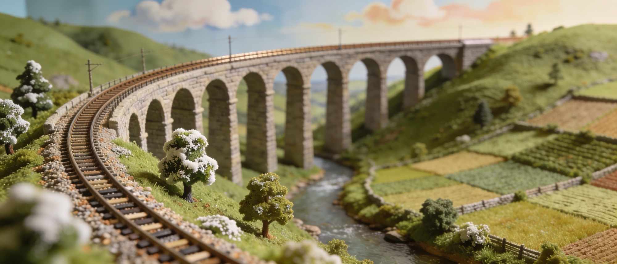 A model of the valley with the line curving across a long stone viaduct, fields and a stream below