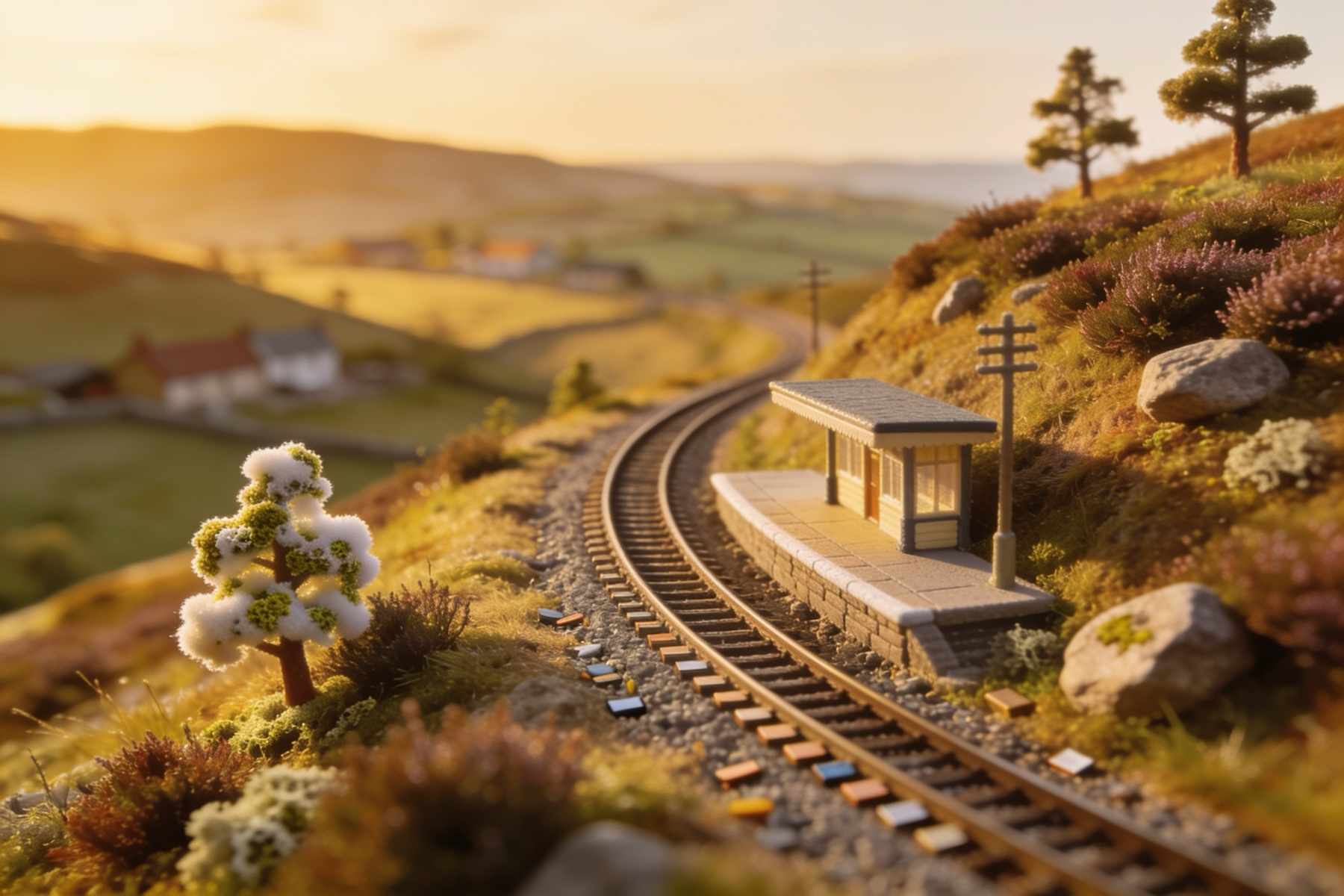 A tiny halt on a heather hillside at golden hour, the line winding down to farms in the valley