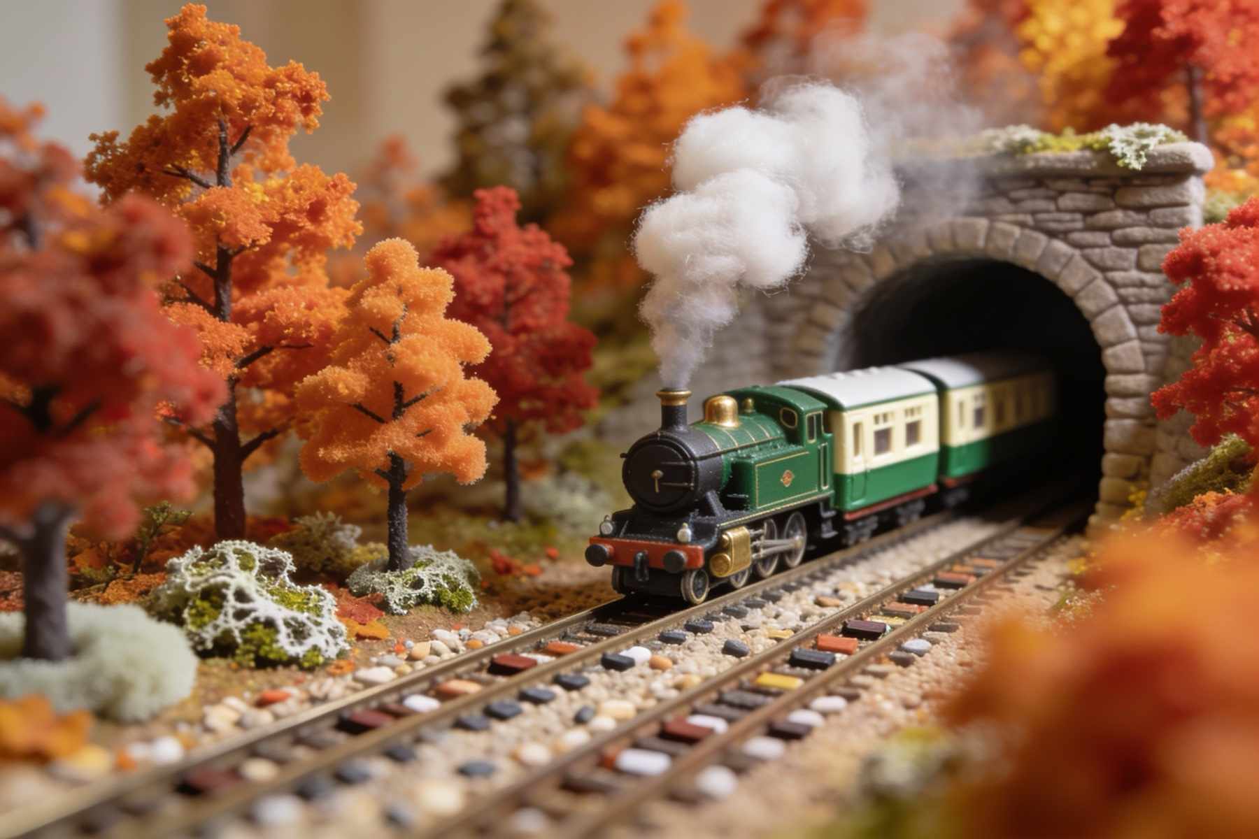 A small green steam engine with cream coaches coming out of a stone tunnel among orange and red autumn trees, cotton-wool smoke rising