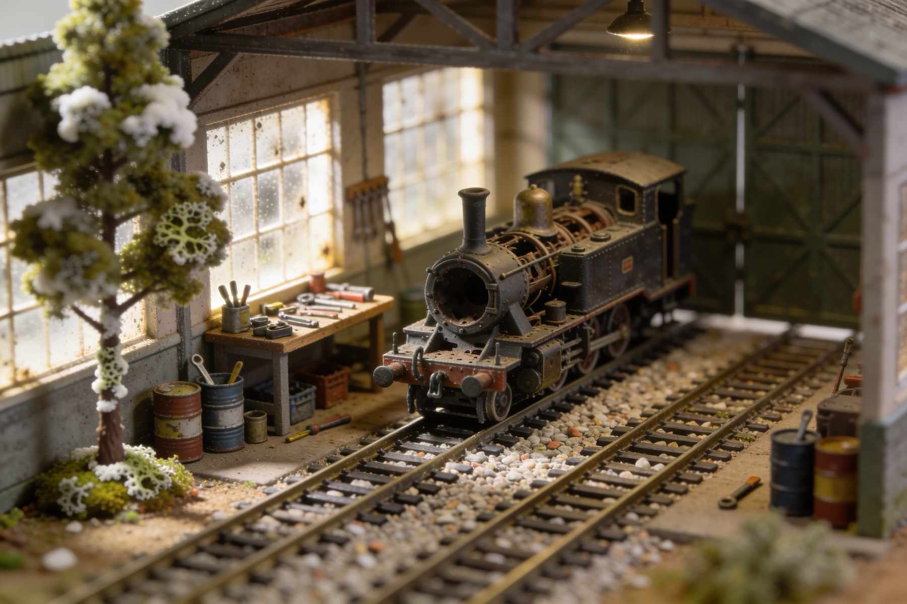A small steam engine partly taken apart for restoration inside a shed, with tools, oil drums and a workbench in the light from dusty windows
