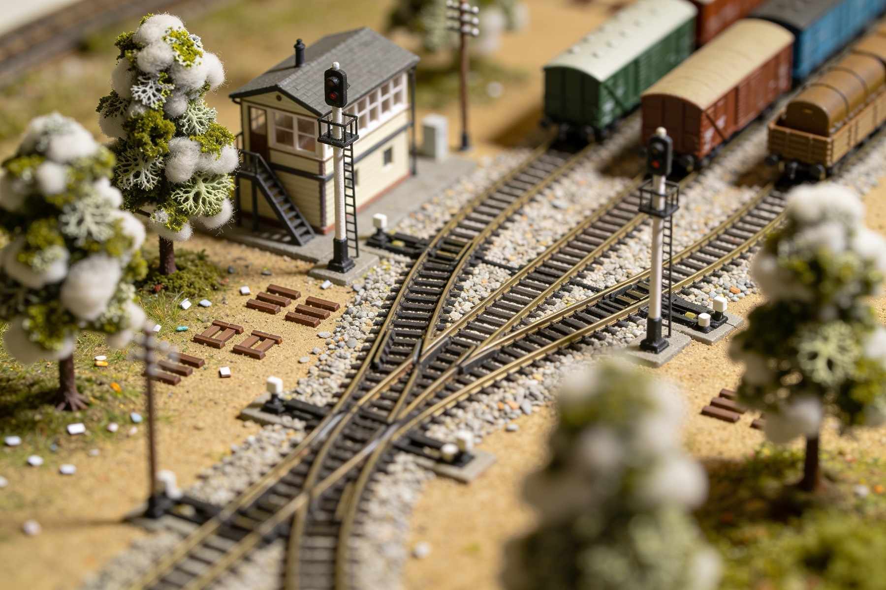 A small railway yard seen from above, tracks fanning out through points beside a signal box, with wagons in muted colours