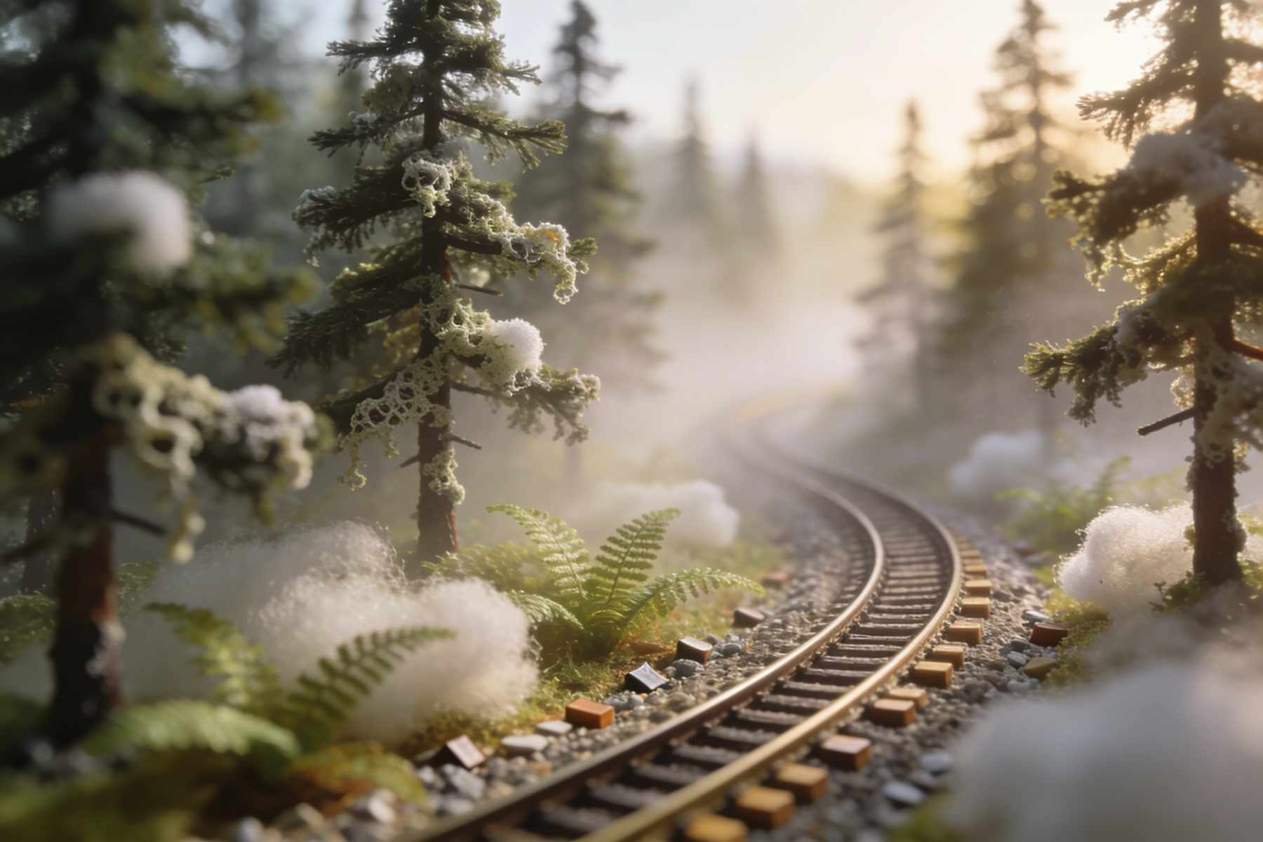 A narrow-gauge line winding through a misty pine wood with ferns