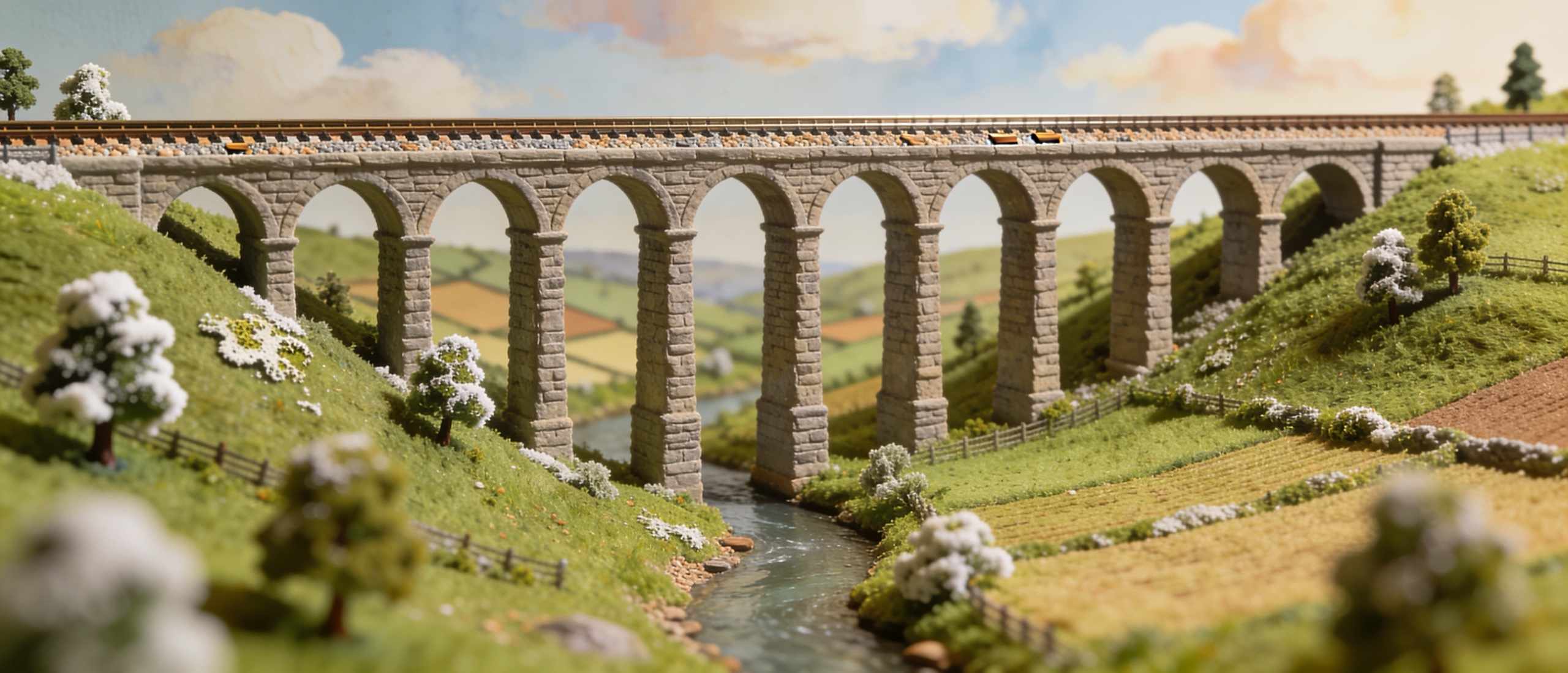 A model of a green hill valley with a long stone viaduct of many arches crossing it, a stream below and patchwork fields, under a painted sky