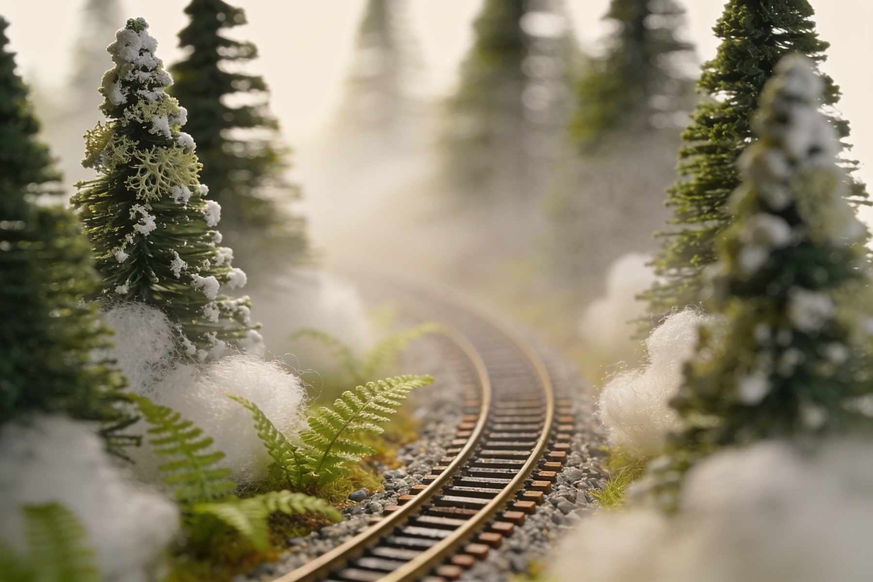 Narrow-gauge track curving through a misty pine wood, ferns along the line