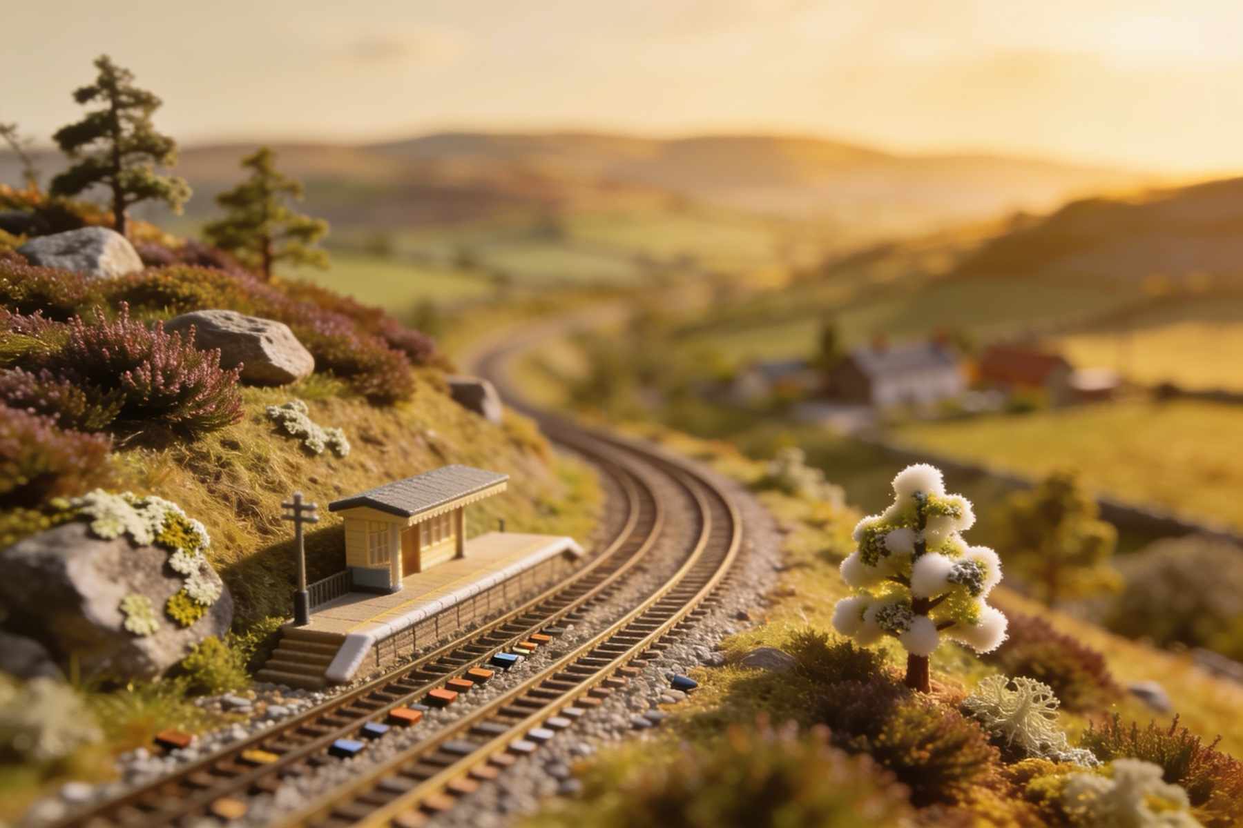 A small halt with one short platform on a heather-covered hilltop at golden hour, the line winding down to the valley