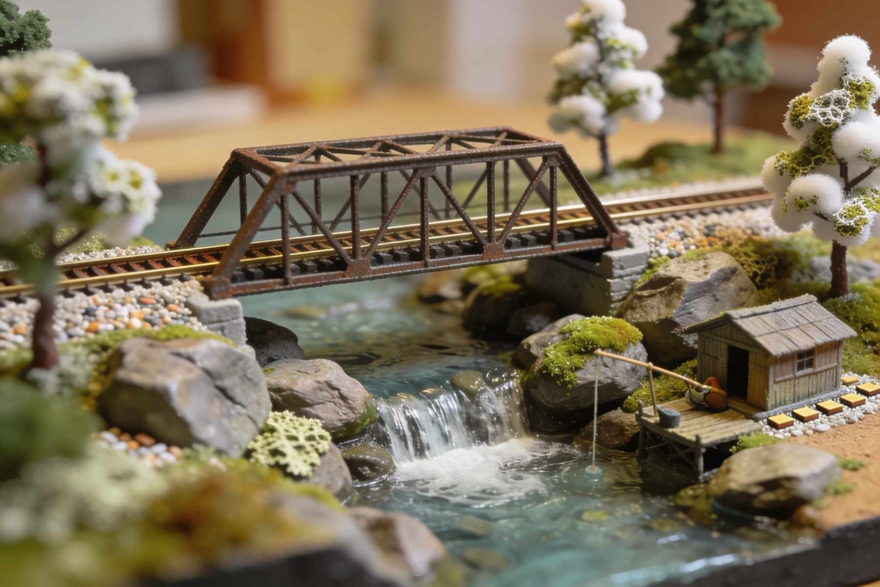 A small iron girder bridge carrying a single track over a rocky river with a little waterfall and a hut