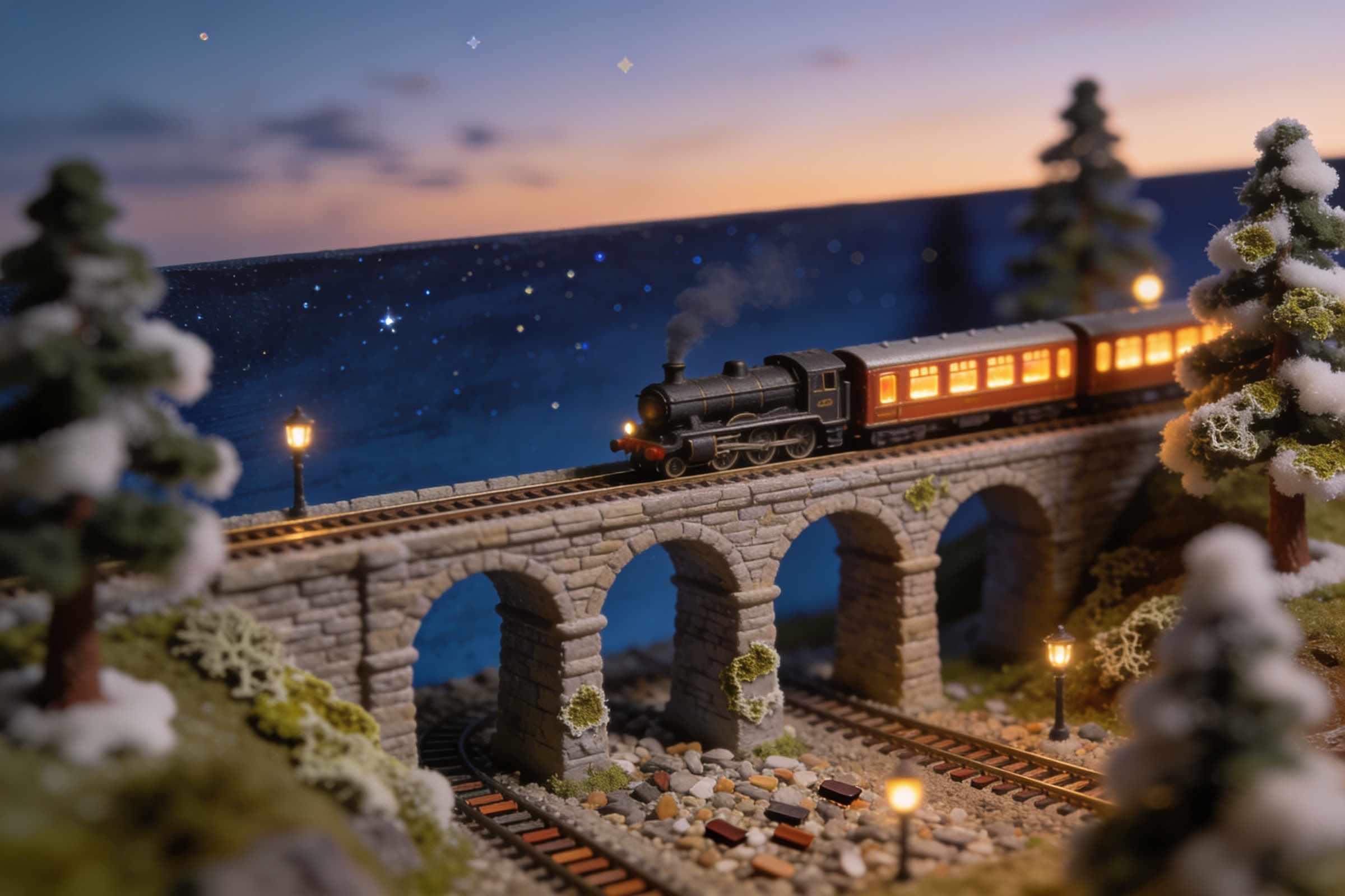 A small steam train with warmly lit windows crossing a stone viaduct at dusk under a deep blue sky with stars