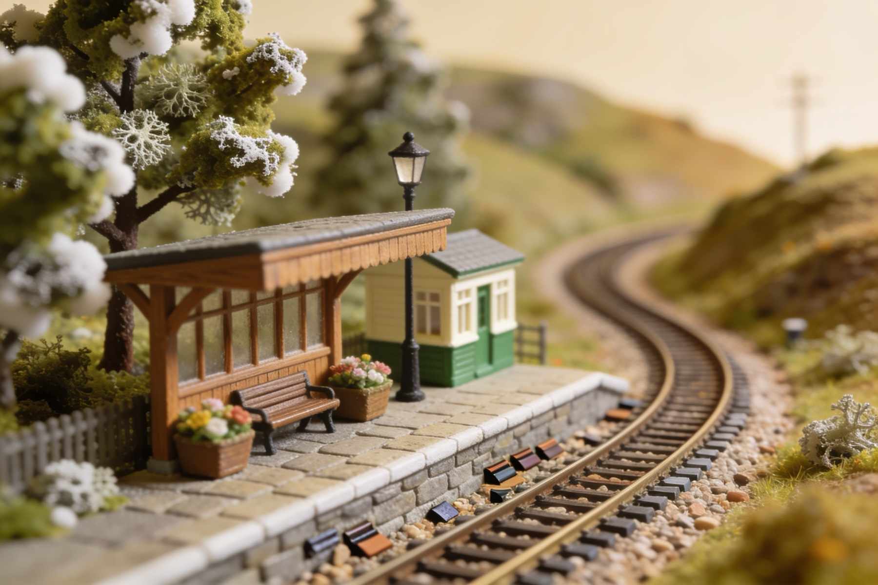 A small country station with a wooden canopy, flower tubs, a bench and a lamp post, the track curving away into green hills